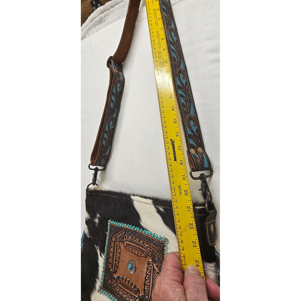 Myra Bag Cowhide Crossbody Fringe Western Hand Tooled LeatherTurquoisBlack White - Picture 4 of 7